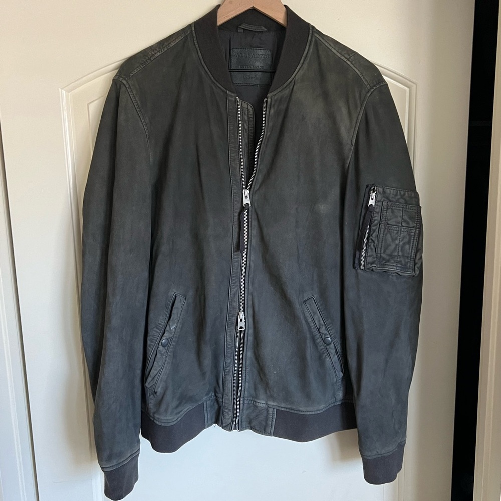 AllSaints Leather Ikeda Black/Gray Bomber Jacket XL MSRP: $599